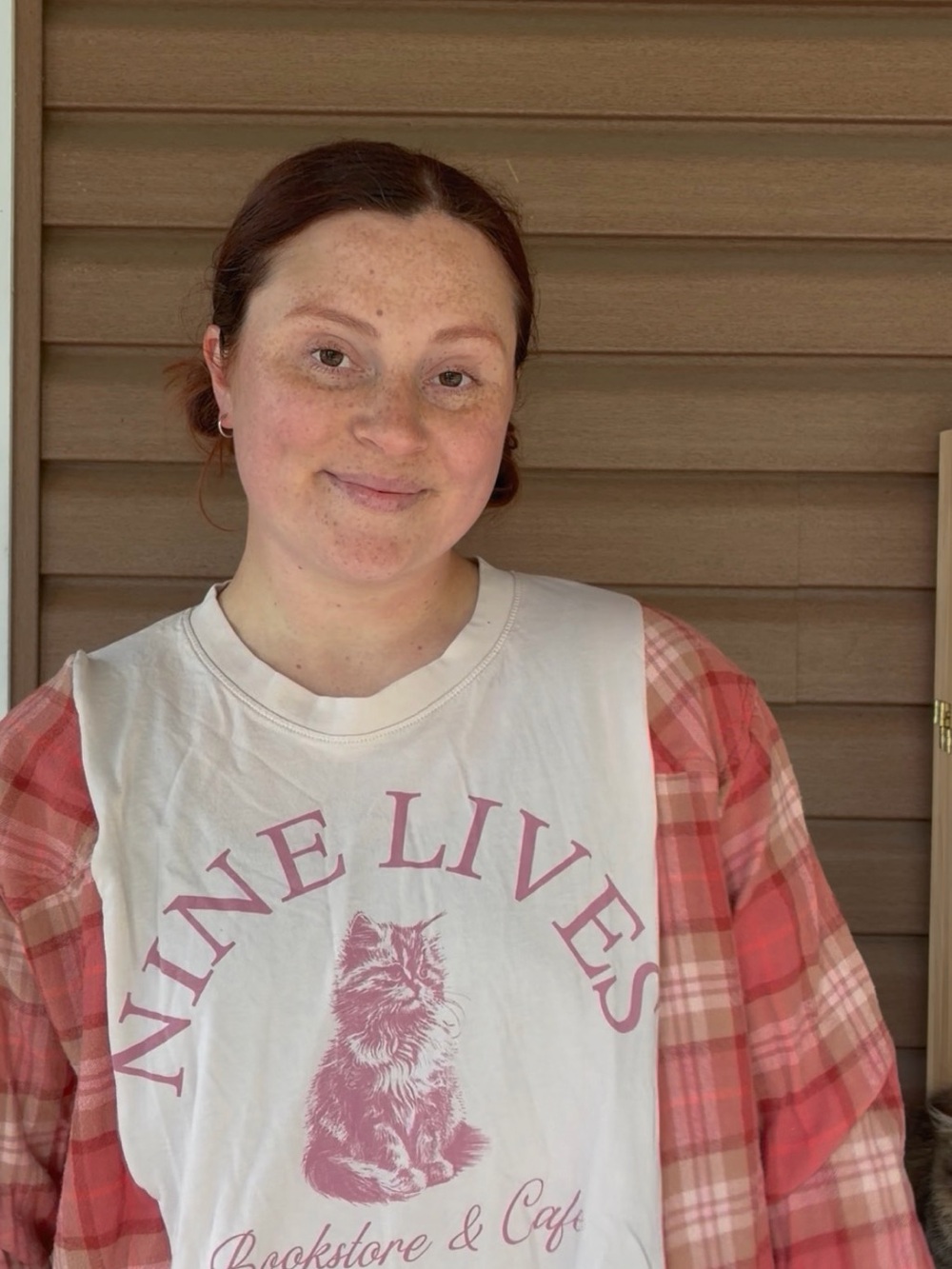 Nine Lives Cat Graphic Tee in White with Pink Print